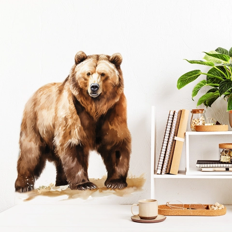 Pegatina de Pared Oso Pardo Acuarela PVC Impermeable Calcomanía de Arte Animal para Sala de Estar Dormitorio Decoración