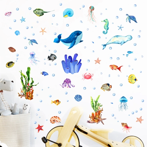Stickers Muraux Animaux Marins Bleus Lumineux Aquarelle Baleine Tortue Brillent Dans Le Noir Décoration De Maison Chambre Enfant