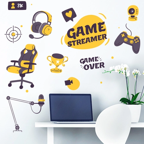 Sticker Mural Thème Game Streamer En PVC Imprimé Amovible Manette Casque Gaming Décalcomanie Artistique Pour Chambre Bureau