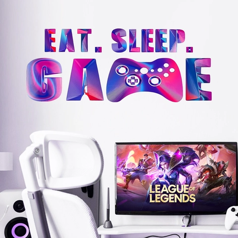 Gaming Wall Sticker Eat Sleep Game Controller Design PVC Gradient Color Waterproof Removable Gamer Room Decor For Bedroom
