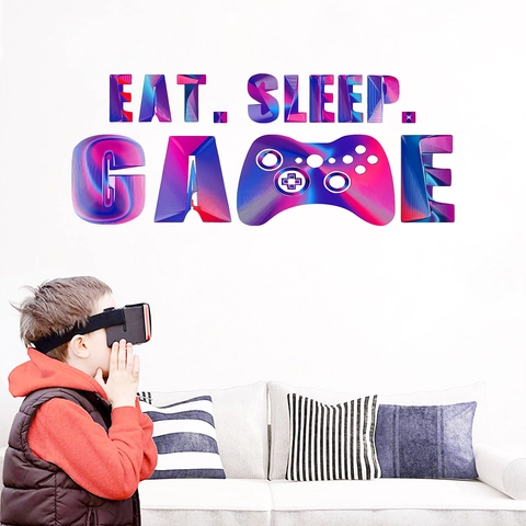 Gaming Wall Sticker Eat Sleep Game Controller Design PVC Gradient Color Waterproof Removable Gamer Room Decor For Bedroom