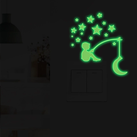 Luminous Glow In The Dark PVC Wall Stickers Boy Fishing On Moon Stars Switch Socket Decals For Kids Room Home Decoration