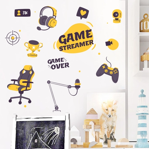 Sticker Mural Thème Game Streamer En PVC Imprimé Amovible Manette Casque Gaming Décalcomanie Artistique Pour Chambre Bureau