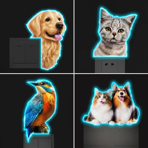 Adesivi Murali Animali Luminosi Luce Blu Simpatico Gatto Cane Uccello PVC Removibile Fluorescente Interruttore Arredamento Decalcomania Per La Casa