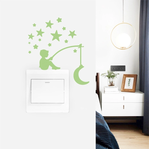 Luminous Glow In The Dark PVC Wall Stickers Boy Fishing On Moon Stars Switch Socket Decals For Kids Room Home Decoration