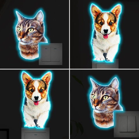 Lindas Pegatinas de Interruptor de Gato y Perro Luminosas Realistas Calcomanías de Pared de Animales de Neón de PVC para Decoración de Sala de Estar Dormitorio
