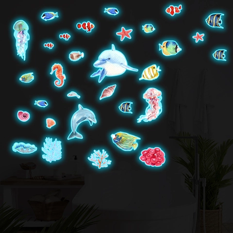 Glow In The Dark Meeresbewohner Wandtattoo Aquarell Meeresleben Delphin Qualle Nachtleuchtend Aufkleber Für Kinderzimmer