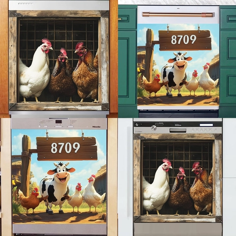 Sticker Mural en PVC Effet Visuel 3D Animaux de la Ferme Coq Vache Imperméable Décalcomanie Pour Cuisine Chambre Maison
