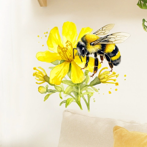 Adesivo da Parete in PVC Impermeabile Ape e Fiore Giallo Decalcomania Murale Floreale Acquerello per Soggiorno Camera da Letto Casa