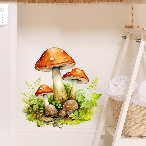 Stickers Muraux Champignons Aquarelle Herbe Verte PVC Amovible Style Nature Décalcomanies Botaniques pour Décoration de Maison
