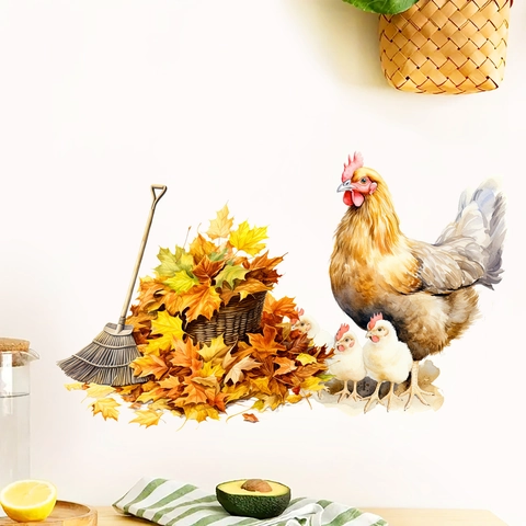 Sticker Mural Aquarelle Coq Poussins Pastoral Automne Feuilles d'Érable PVC Imperméable Décoration Murale Maison Chambre