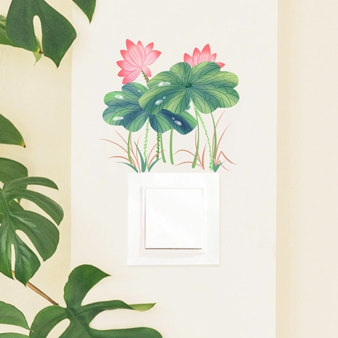 PVC Lotus Flower Switch Sticker Chinese Style Green Leaf Pink Flower Waterproof Wall Decal For Bedroom Home Decor
