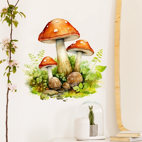 Stickers Muraux Champignons Aquarelle Herbe Verte PVC Amovible Style Nature Décalcomanies Botaniques pour Décoration de Maison