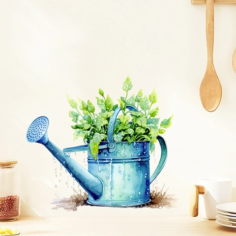 Sticker Mural Plante Verte Arrosoir Aquarelle PVC Imperméable Amovible Autocollant Décoratif pour Cuisine Balcon Salon Décoration Maison