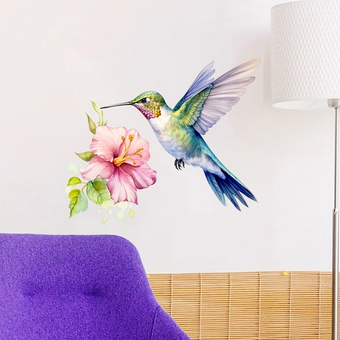 Watercolor Hummingbird And Pink Hibiscus Flower PVC Wall Sticker Removable Art Decal For Living Room Bedroom Home Decor