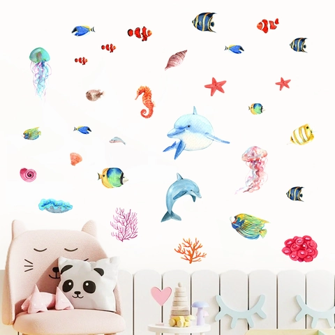 Glow In The Dark Meeresbewohner Wandtattoo Aquarell Meeresleben Delphin Qualle Nachtleuchtend Aufkleber Für Kinderzimmer