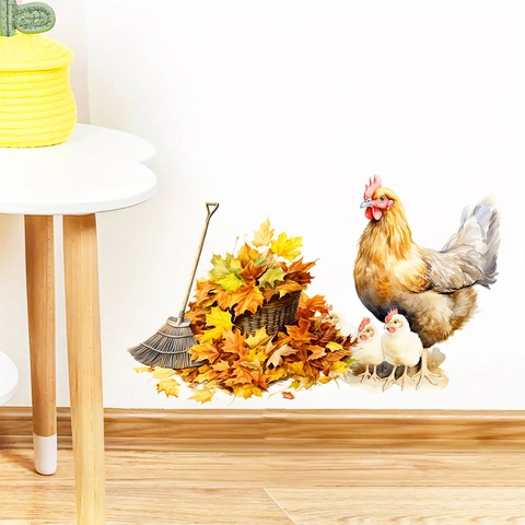 Sticker Mural Aquarelle Coq Poussins Pastoral Automne Feuilles d'Érable PVC Imperméable Décoration Murale Maison Chambre