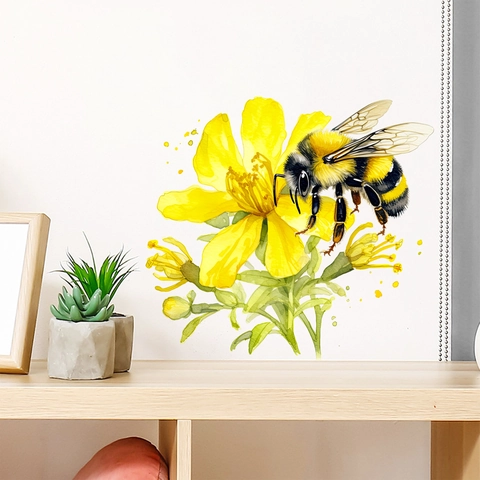 Adesivo da Parete in PVC Impermeabile Ape e Fiore Giallo Decalcomania Murale Floreale Acquerello per Soggiorno Camera da Letto Casa