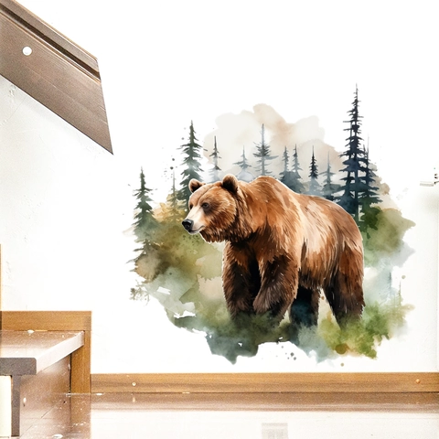 Adesivo da Parete Orso Bruno Foresta Acquerello PVC Autoadesivo Animale Albero Modello Decalcomania per Soggiorno Decorazione Casa