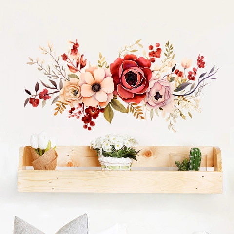 Aquarell Blume Wandtattoo Rot Rosa Blumen Beeren Blätter PVC Wasserdicht Kunst Aufkleber Für Haus Küche Wohnzimmer Dekor