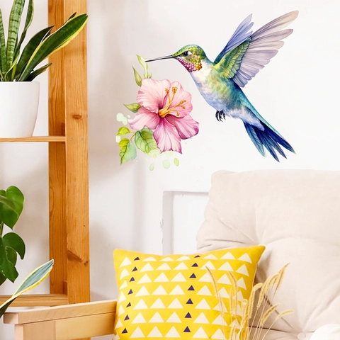 Watercolor Hummingbird And Pink Hibiscus Flower PVC Wall Sticker Removable Art Decal For Living Room Bedroom Home Decor