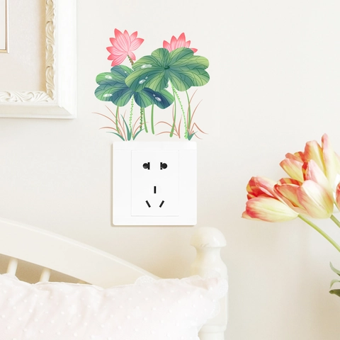 PVC Lotus Flower Switch Sticker Chinese Style Green Leaf Pink Flower Waterproof Wall Decal For Bedroom Home Decor