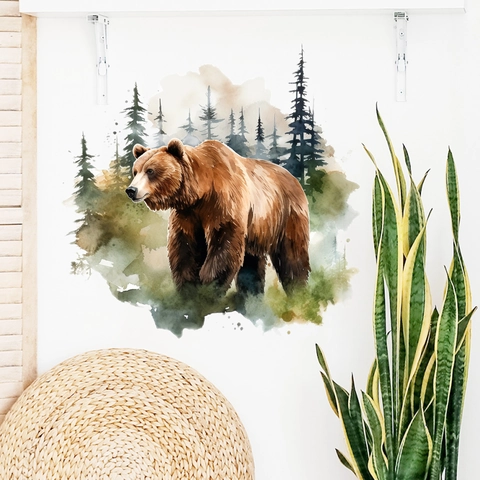 Adesivo da Parete Orso Bruno Foresta Acquerello PVC Autoadesivo Animale Albero Modello Decalcomania per Soggiorno Decorazione Casa