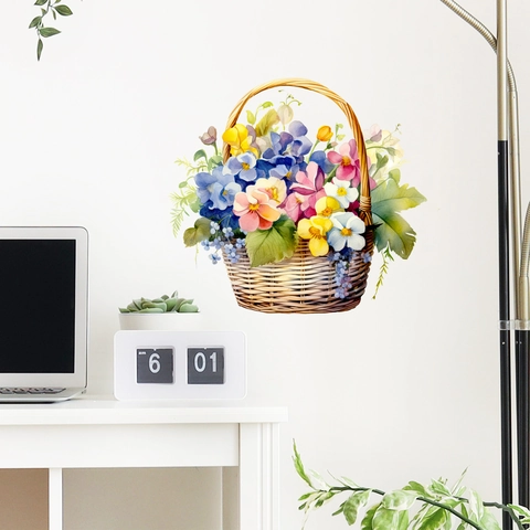 Vinilo de Pared Cesta de Flores Acuarela Pastoral PVC Impermeable Floral Para Dormitorio Sala de Estar Cocina Decoración