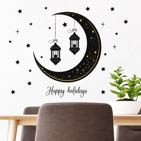 Pegatinas de Pared de Luna Negra Estrellas Linterna Happy Holidays PVC Extraíble Calcomanía de Decoración para el Hogar