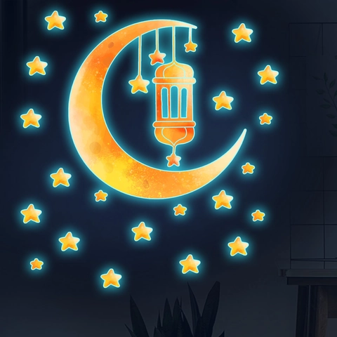 Ramadan Luminous Moon Star Wall Stickers Glow In The Dark PET Decals For Home Bedroom Living Room Islamic Party Decor