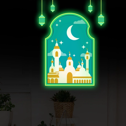 Pegatina de Pared Castillo de Luna Islámico Luminoso Ramadan Mezquita Linterna Calcomanía para Dormitorio Sala de Estar