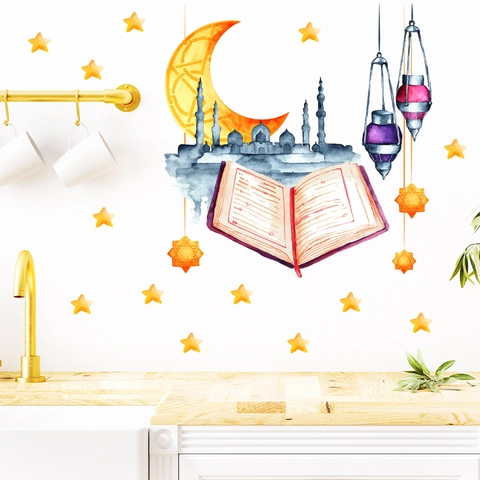 Ramadan Wall Stickers PVC Watercolor Moon Star Mosque Book Lantern Removable Waterproof Islamic Festival Home Decor Wall Decal