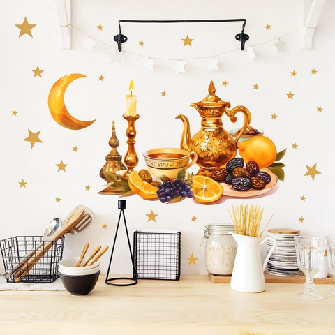 Ramadan Mond Sterne Früchte Teekanne Wandaufkleber Selbstklebende PVC Wandtattoos Für Küche Wohnzimmer Home Dekoration Gold