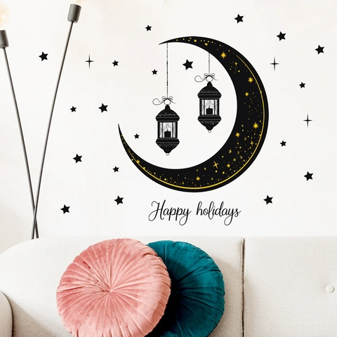 Schwarze Mond Sterne Laterne Wandaufkleber Happy Holidays PVC Abnehmbare Heimdekoration Abziehbild Wohnzimmer Schlafzimmer
