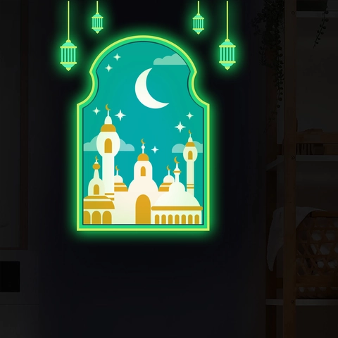 Pegatina de Pared Castillo de Luna Islámico Luminoso Ramadan Mezquita Linterna Calcomanía para Dormitorio Sala de Estar