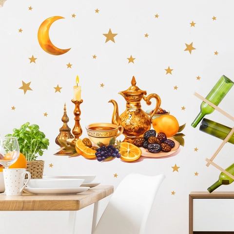 Ramadan Mond Sterne Früchte Teekanne Wandaufkleber Selbstklebende PVC Wandtattoos Für Küche Wohnzimmer Home Dekoration Gold