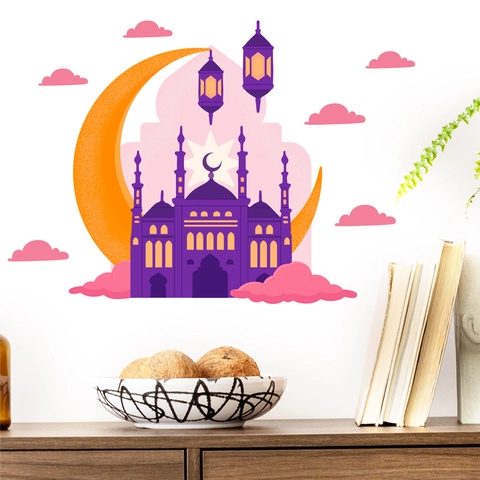 Pegatinas de Pared Ramadan Eid Mubarak Extraíble PVC Mezquita Luna Creciente Linternas Decoración Para Sala de Estar Hogar Ornamento Islámico