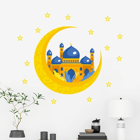 Pegatina de Pared Islámica Castillo Azul Luna Estrella Ramadan Eid Mubarak Decorativo PVC Removible Autoadhesivo Para Dormitorio