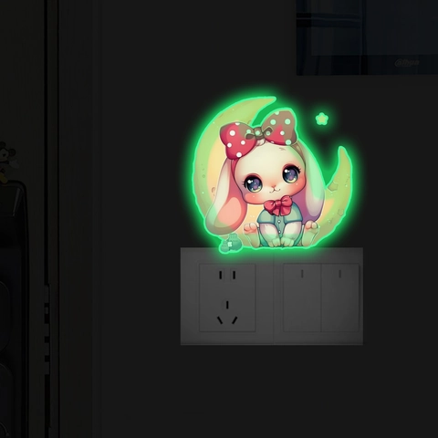 Cartoon Konijn Maan Muursticker Lichtgevend in het Donker Luminous PVC Zelfklevend Afneembaar Decoratie Voor Kinderkamer