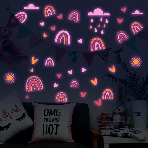 Adesivi Murali Boho Luminosi in PVC Arcobaleno Luna Sole Cuore Decalcomanie per Cameretta Bambini Decorazione Parete