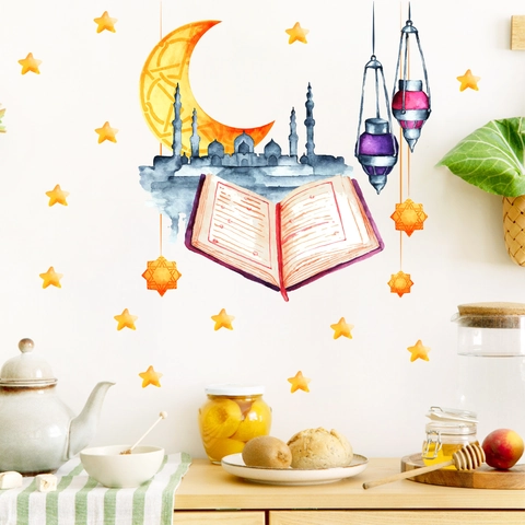 Ramadan Wall Stickers PVC Watercolor Moon Star Mosque Book Lantern Removable Waterproof Islamic Festival Home Decor Wall Decal