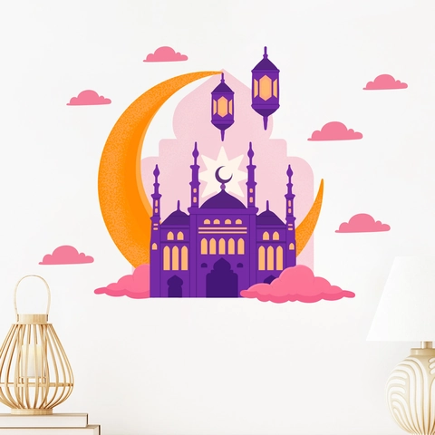 Pegatinas de Pared Ramadan Eid Mubarak Extraíble PVC Mezquita Luna Creciente Linternas Decoración Para Sala de Estar Hogar Ornamento Islámico