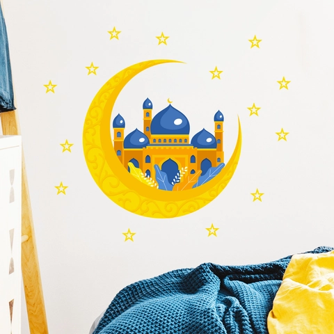 Pegatina de Pared Islámica Castillo Azul Luna Estrella Ramadan Eid Mubarak Decorativo PVC Removible Autoadhesivo Para Dormitorio
