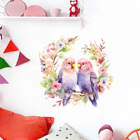 Sticker Mural Oiseau Fleur Aquarelle Imperméable PVC Amovible Perroquet Floral Décalcomanie Pour Salon Chambre Enfants Décor