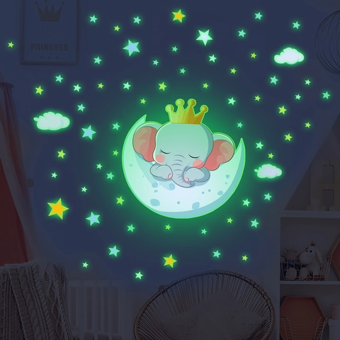 Adesivi Da Parete Fluorescenti Elefante Luna Stelle Nuvole Cartoni Animati Decalcomanie Luminose Per Camera Bambini