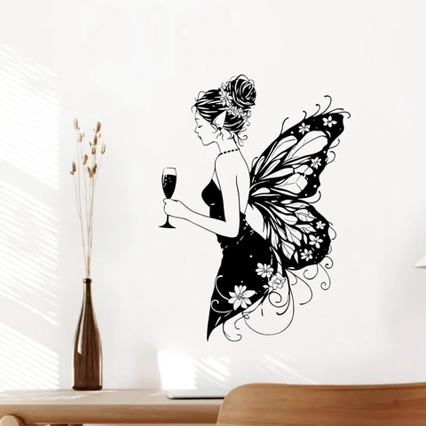 Schmetterlingsfee Silhouette Wandtattoo PVC Selbstklebend Elf Mädchen Mit Blumenflügeln Kelch Aufkleber Für Schlafzimmer Deko