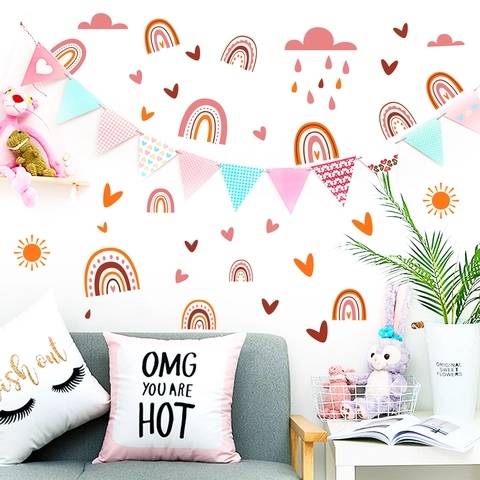 Adesivi Murali Boho Luminosi in PVC Arcobaleno Luna Sole Cuore Decalcomanie per Cameretta Bambini Decorazione Parete
