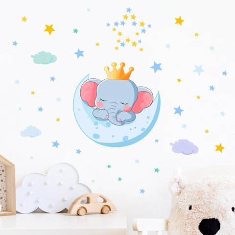 Adesivi Da Parete Fluorescenti Elefante Luna Stelle Nuvole Cartoni Animati Decalcomanie Luminose Per Camera Bambini