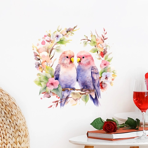 Sticker Mural Oiseau Fleur Aquarelle Imperméable PVC Amovible Perroquet Floral Décalcomanie Pour Salon Chambre Enfants Décor