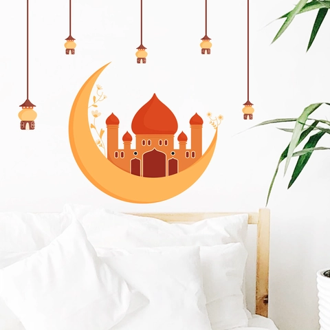 Pegatina de Pared Creativa Luna Castillo Ramadán PVC Removible Islámico Eid Mubarak Linterna Decoración Hogar Mural